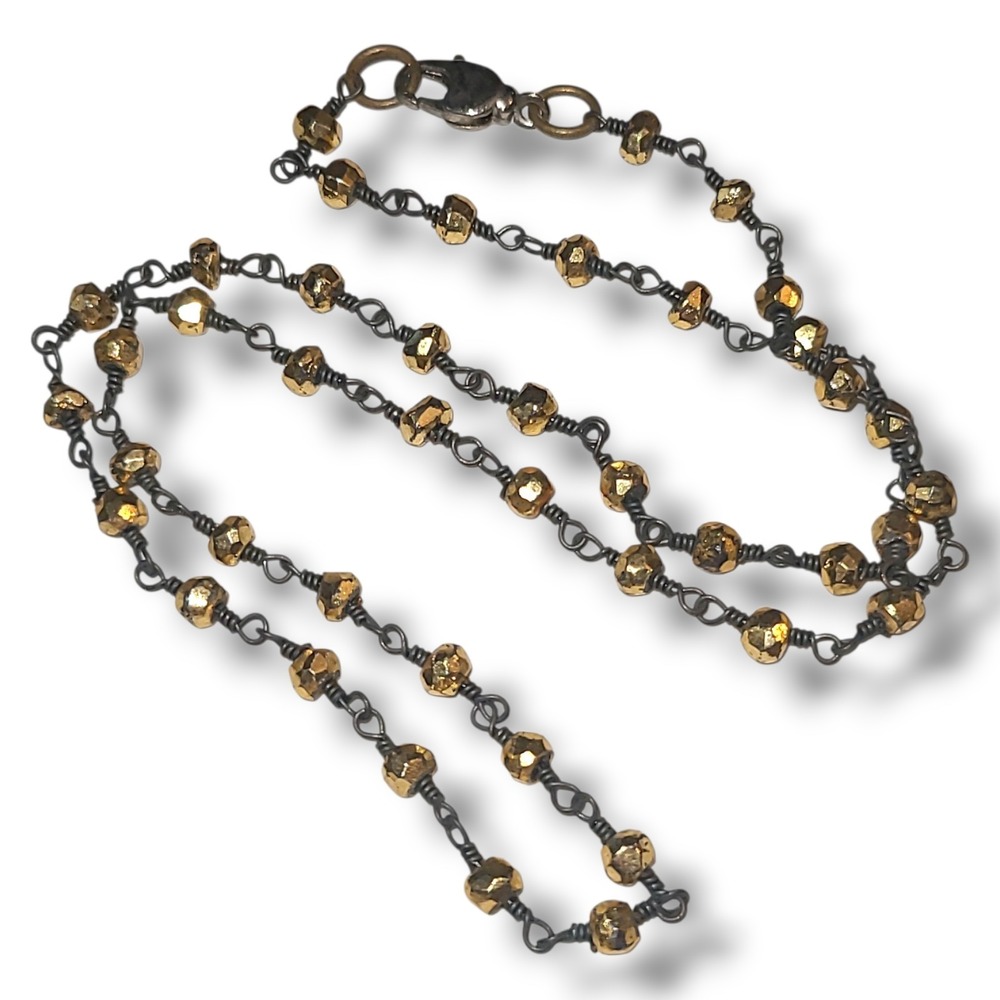 Dainty Gunmetal Chain Necklace Gold Tone Faceted Crystal Beads 16"